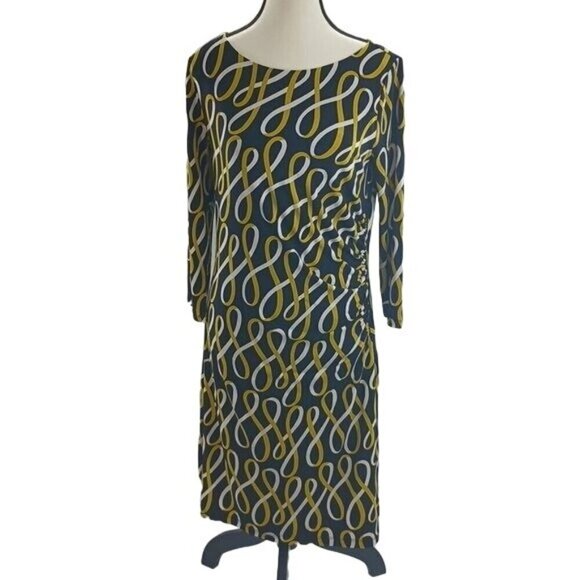 Ann Taylor Dress Black Gold Geometric Shift Stretch 3/4 Sleeve Womens Size M - Picture 1 of 7